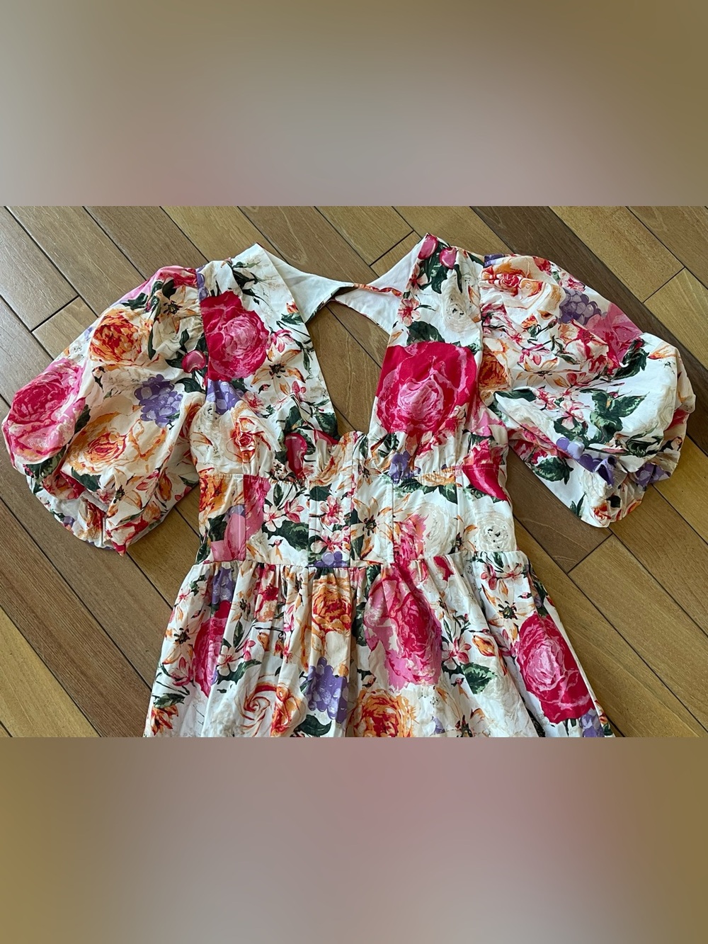 Buddy Love Floral Puff Sleeve Mini Dress L Cottagecore Scalloped Bust Boho - Picture 6 of 16